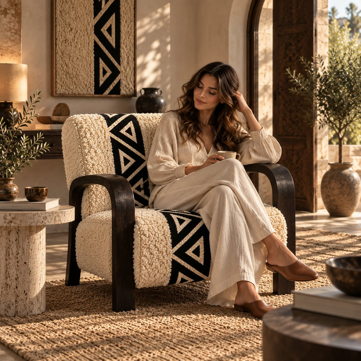 Handcrafted Moroccan leather chair with rich texture and rustic artisan character