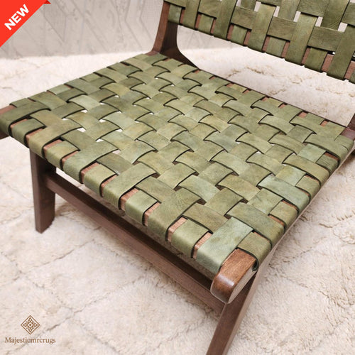 Handmade Woven Leather Accent Chair, Walnut Wood Boho Lounge Seating, Mid-Century Modern Indoor Chair, Organic Textured Living Room Seat