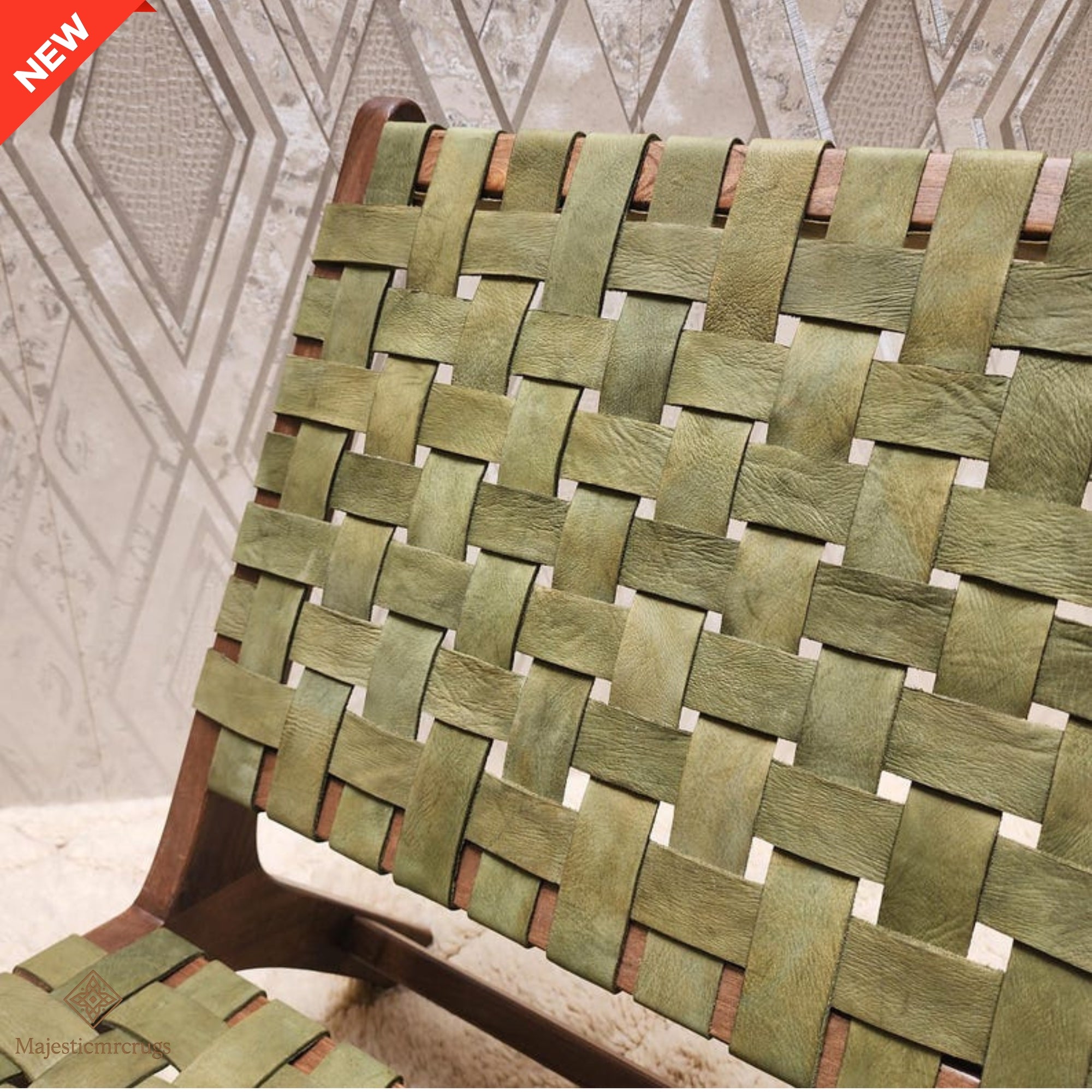 Handmade Woven Leather Accent Chair, Walnut Wood Boho Lounge Seating, Mid-Century Modern Indoor Chair, Organic Textured Living Room Seat