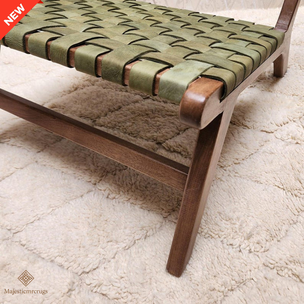 Handmade Woven Leather Accent Chair, Walnut Wood Boho Lounge Seating, Mid-Century Modern Indoor Chair, Organic Textured Living Room Seat