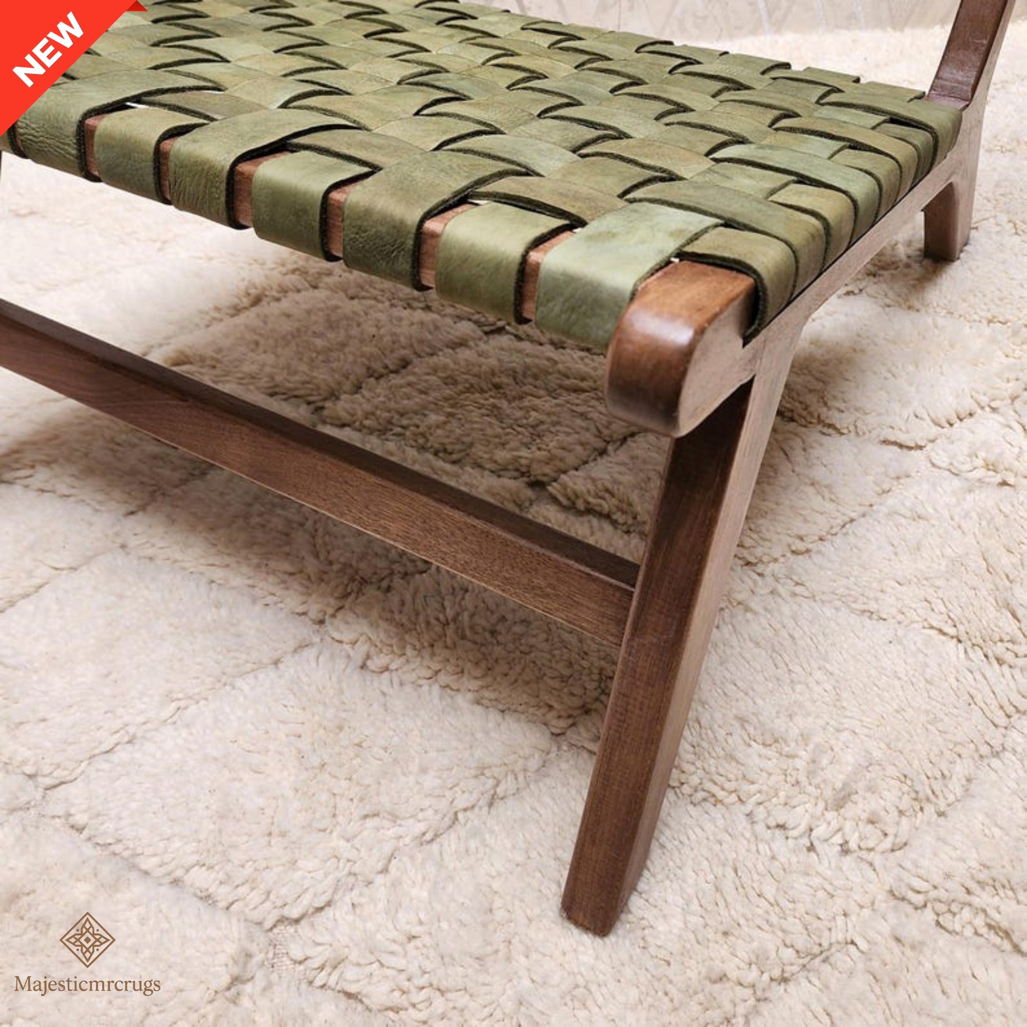 Handmade Woven Leather Accent Chair, Walnut Wood Boho Lounge Seating, Mid-Century Modern Indoor Chair, Organic Textured Living Room Seat