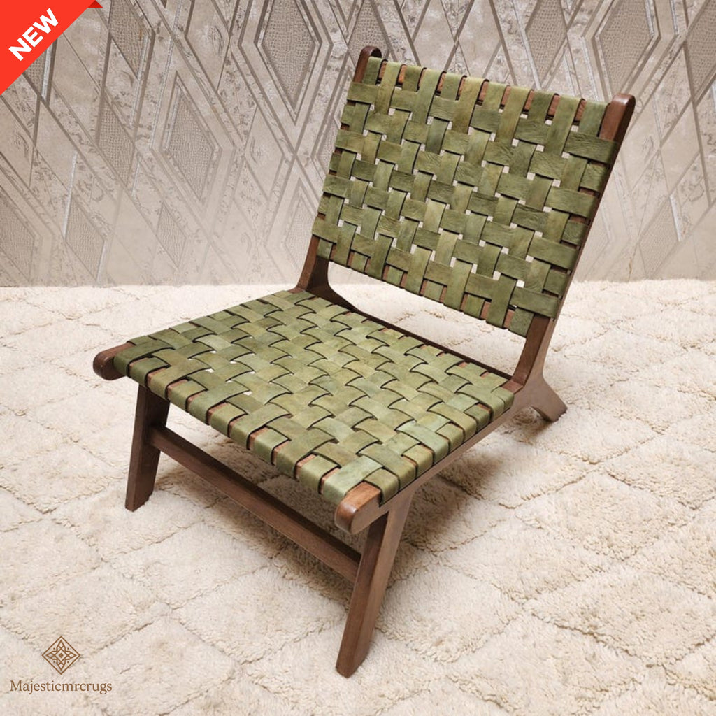 Handmade Woven Leather Accent Chair, Walnut Wood Boho Lounge Seating, Mid-Century Modern Indoor Chair, Organic Textured Living Room Seat