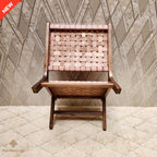Handmade Walnut Wood Leather Chair: Moroccan Bohemian Decor