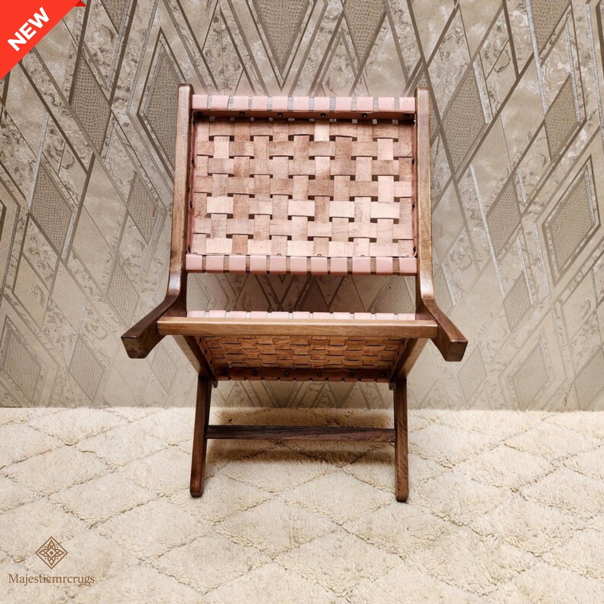 Handmade Walnut Wood Leather Chair: Moroccan Bohemian Decor