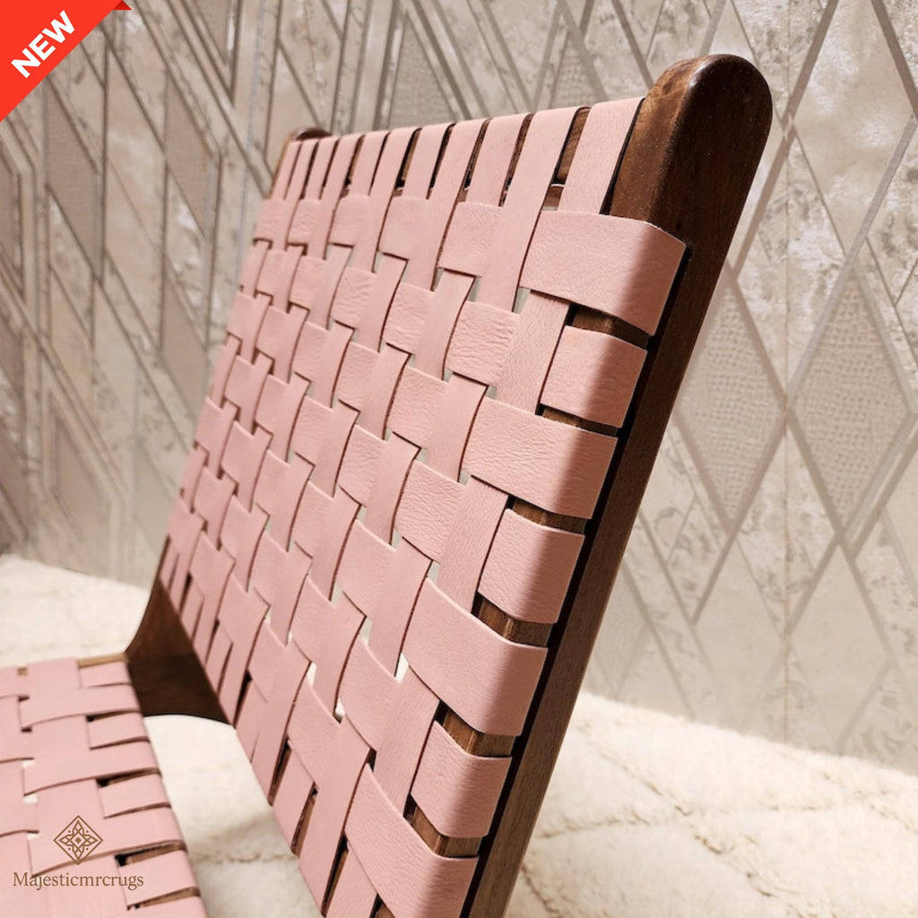 Handmade Walnut Wood Leather Chair: Moroccan Bohemian Decor