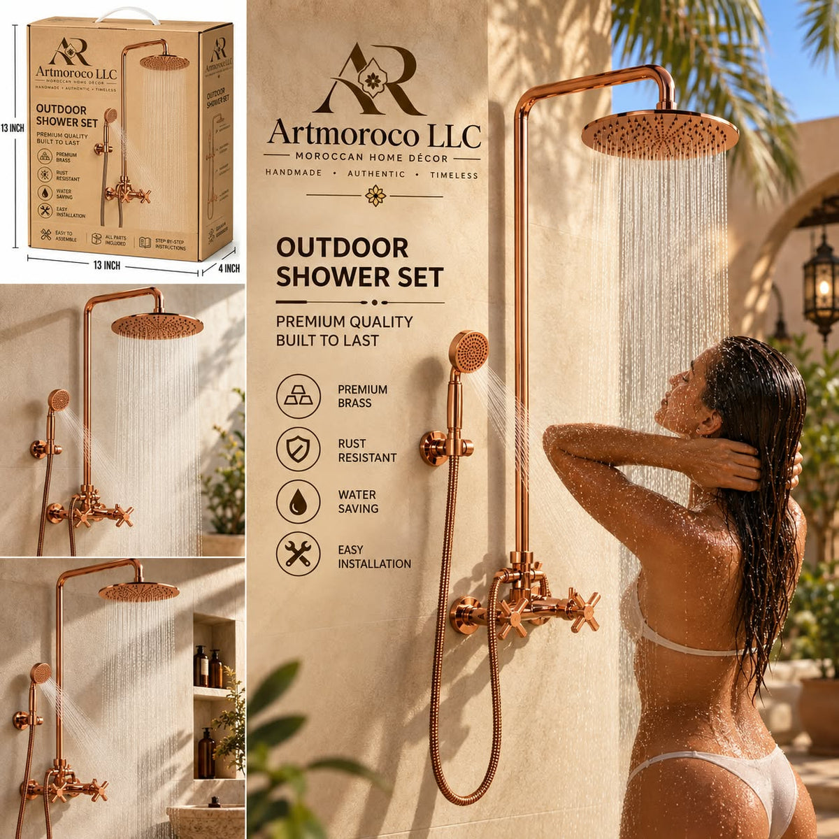 Handmade Solid Copper Brass Outdoor Shower System, Rainfall Garden Fixture