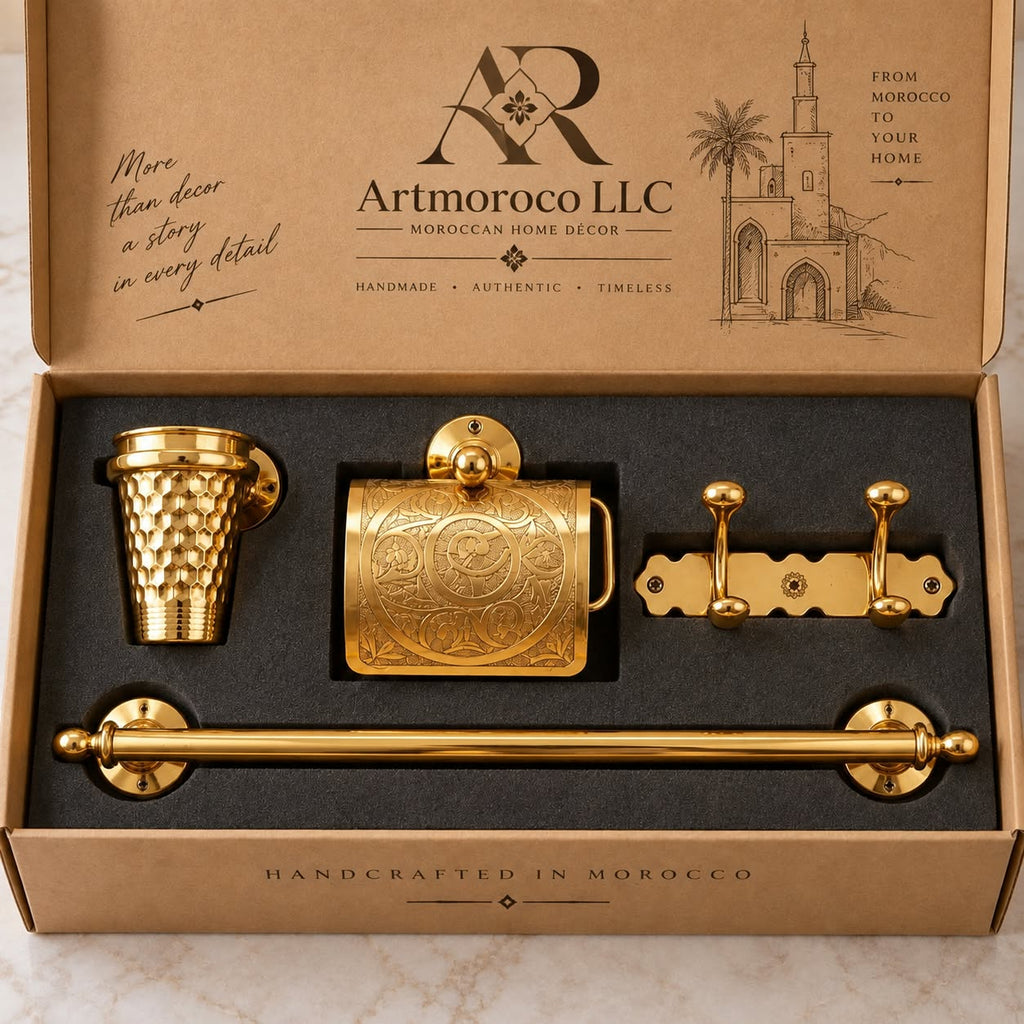 Handmade Solid Brass Moroccan Bathroom Hardware Set, Towel Rail, Toilet Holder, Hooks