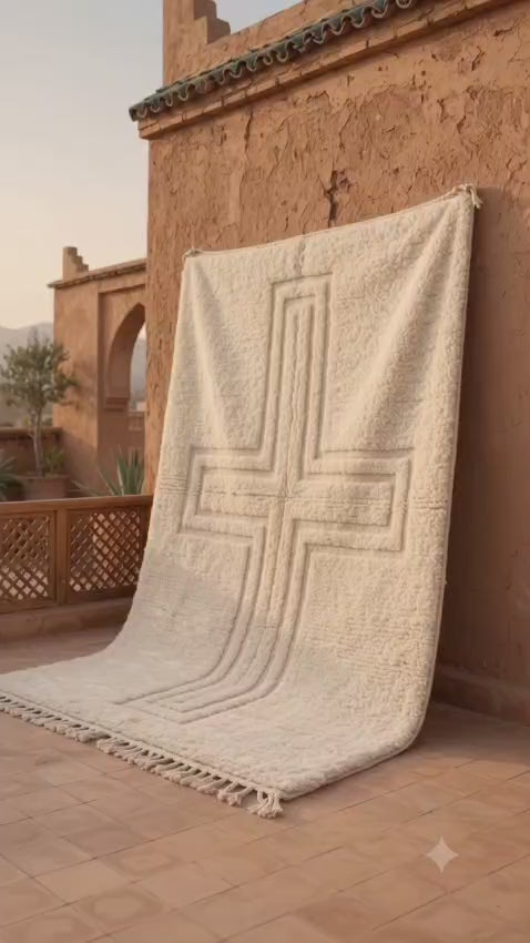 Ivory Wool Moroccan Rug - Hand Tufted High Pile Shag Area Rug - Custom Tapis Berbere
